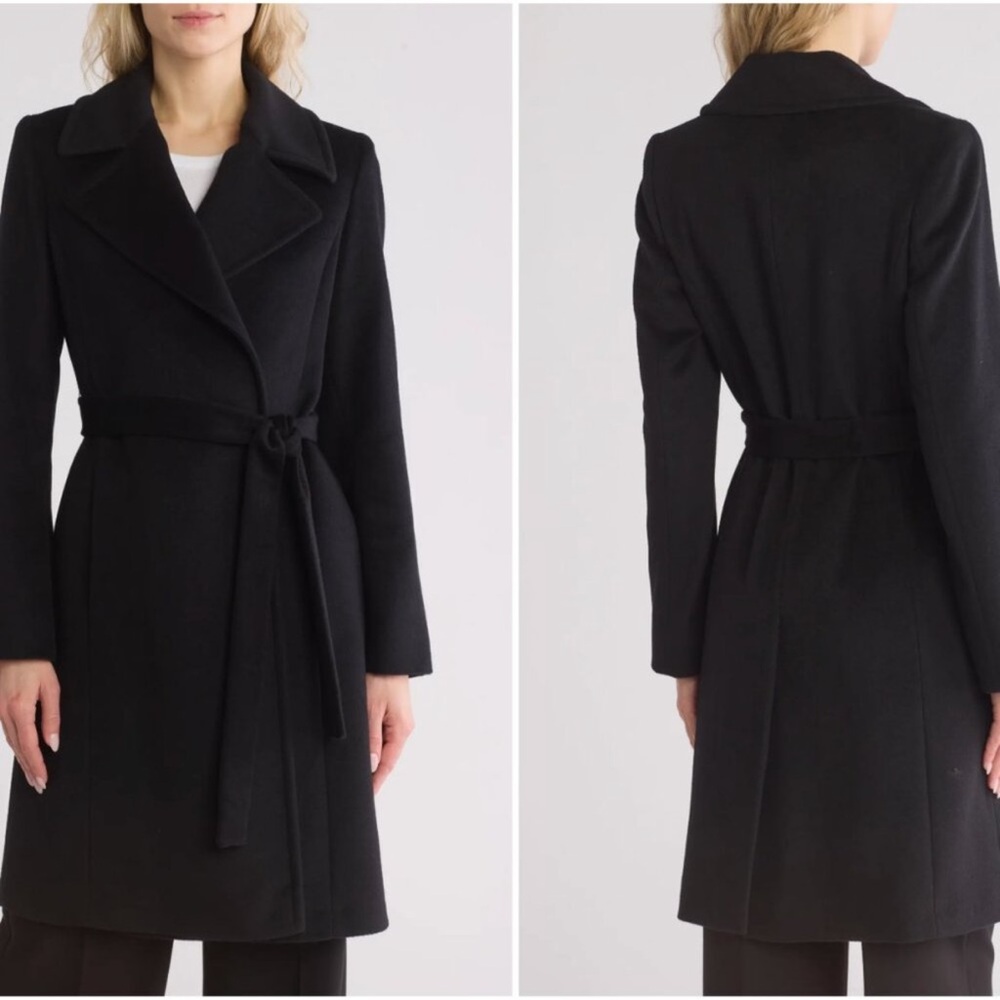 Fleurette notched lapel 100% soft wool wrap coat